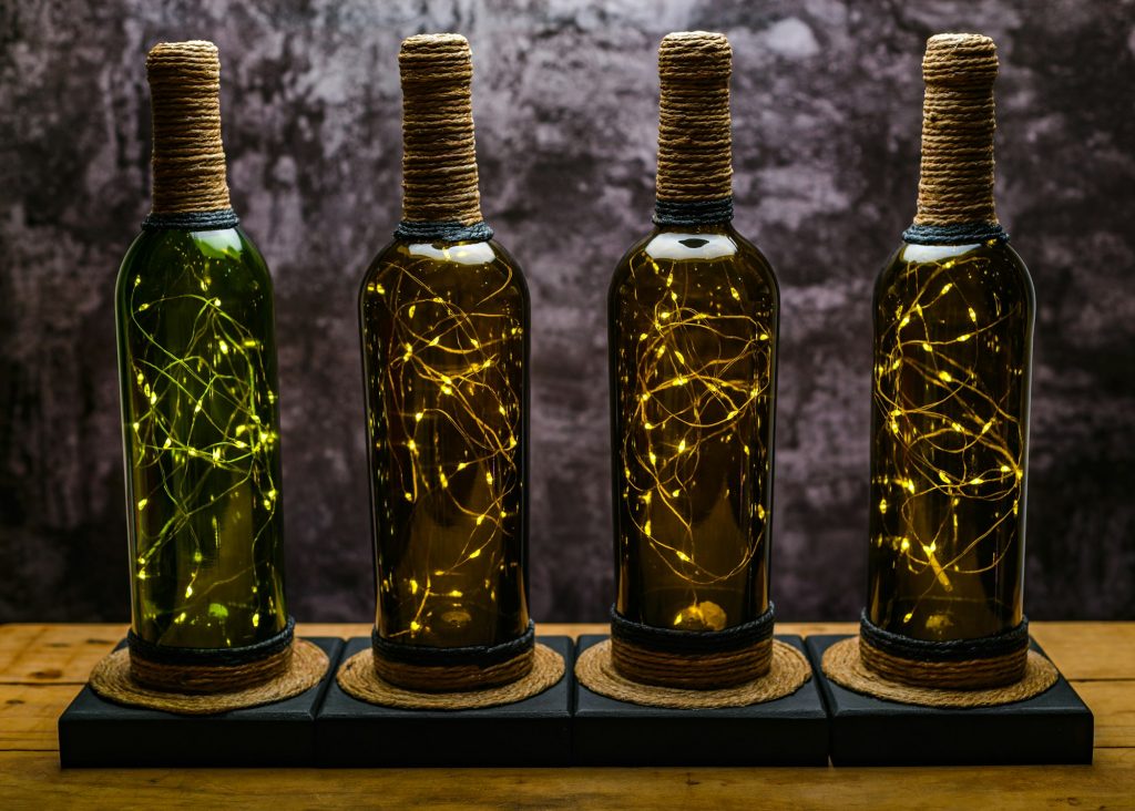 Lamps made with recycled wine bottles and LED lights.