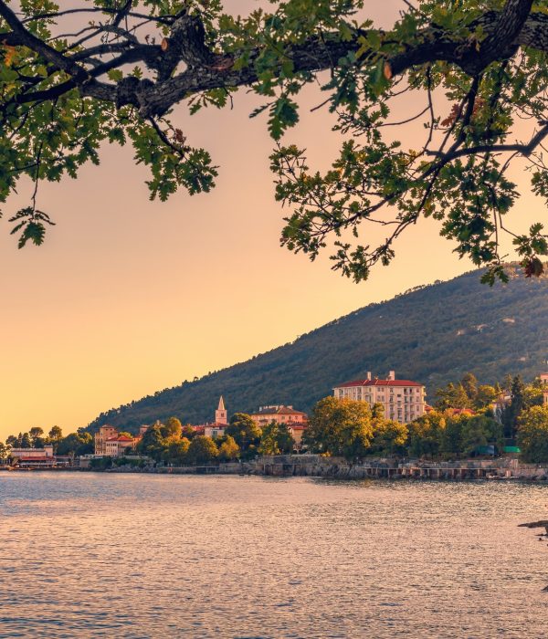 Lovran, famous travel destination town in Kvarner gulf of Adriatic sea in Croatia, in sunset