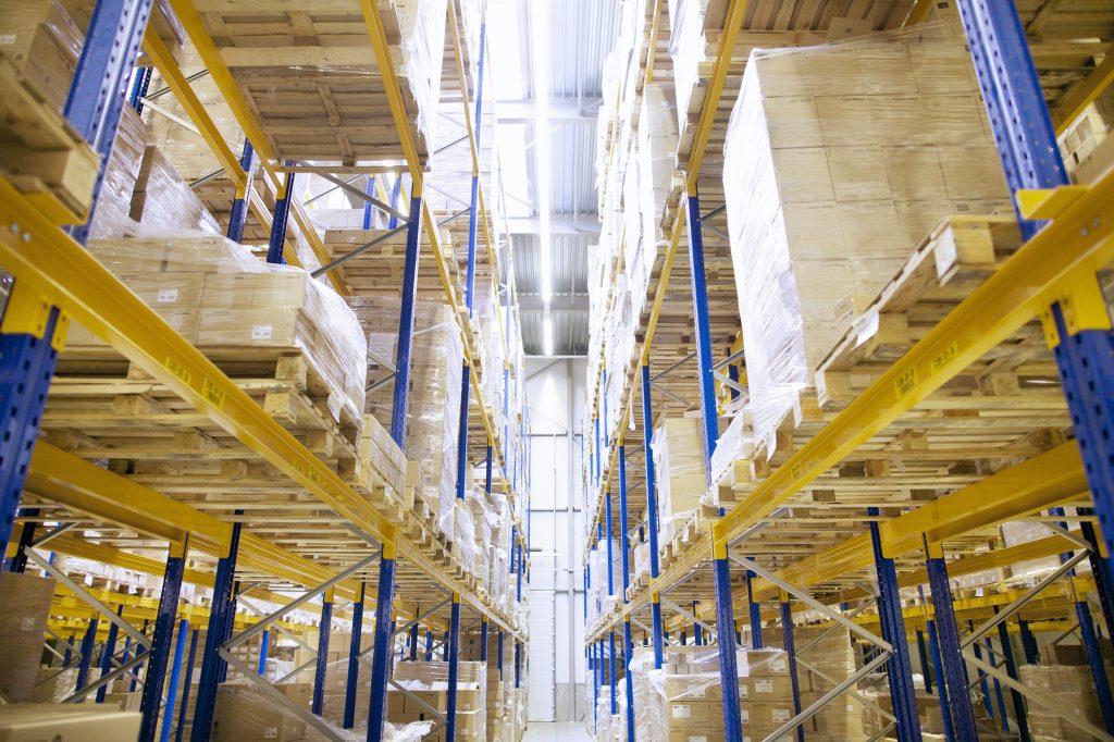 Stacked shelves in distribution warehouse